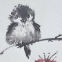 traumbunt - Tuschmalerei - Spatz auf Blütenzweig 